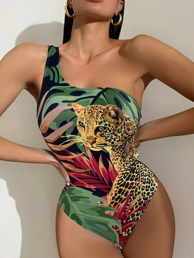 Leoparden-Badeanzug – Einteiler mit tropischem Print & Schulterdetail