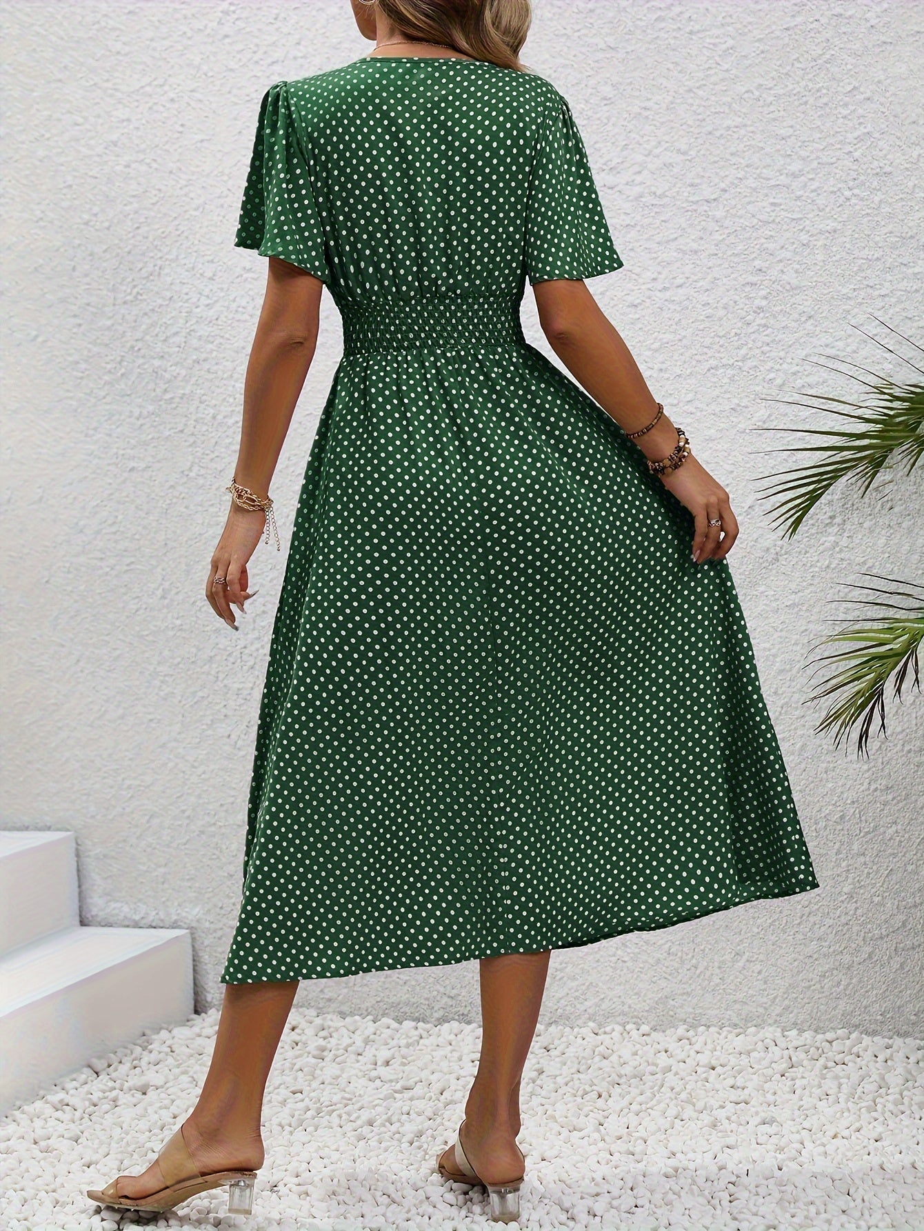 Polka Dot Sommerkleid Damen – Luftiges V-Ausschnitt Midi-Kleid