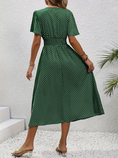 Polka Dot Sommerkleid Damen – Luftiges V-Ausschnitt Midi-Kleid
