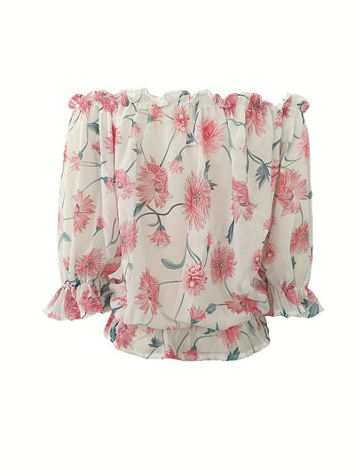 Leichte Schulterfrei Chiffon Bluse – Florales Design Laternenärmel