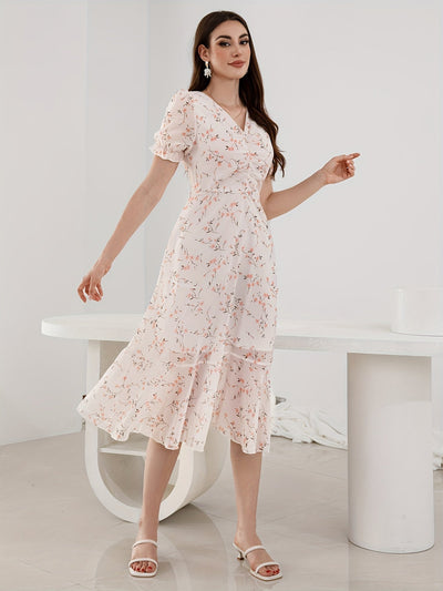 Elegantes Schößchenkleid mit Blumendruck – Kurzarm, V-Ausschnitt, Luftig & Bequem
