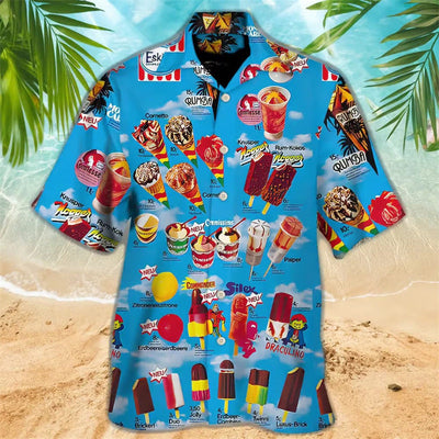 Herren Hawaiianhemd Eiscreme-Print Retro Sommer Strand Freizeitshirt