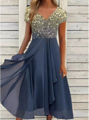 Damen A-Linien Chiffonkleid mit Blumendruck und V-Ausschnitt – Elegantes Sommerkleid für festliche Anlässe