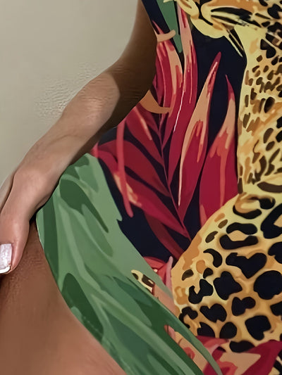 Leoparden-Badeanzug – Einteiler mit tropischem Print & Schulterdetail