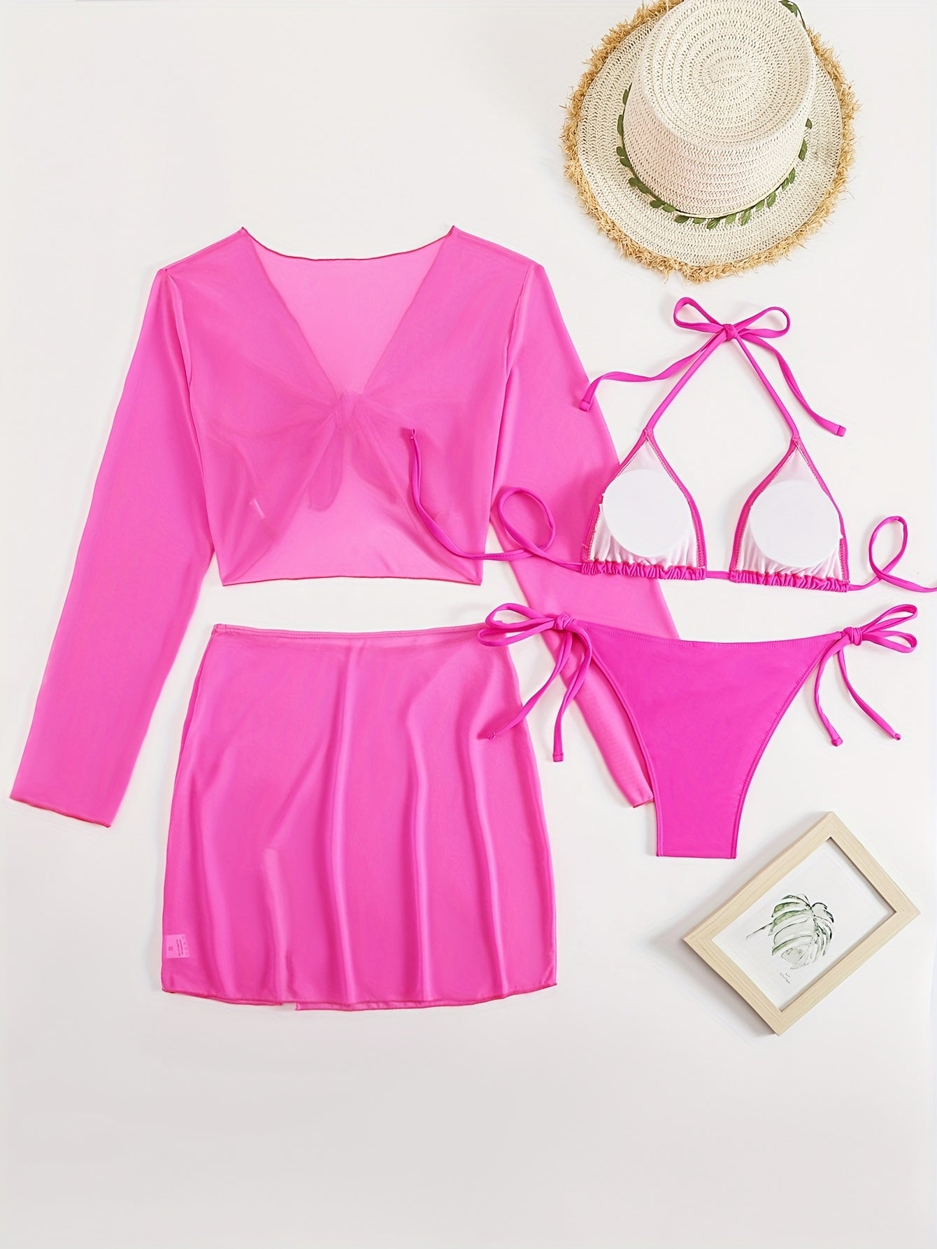 Halter Neck Badeanzug Set – Langarm, Einfarbig, Stretch, Abnehmbare Polster