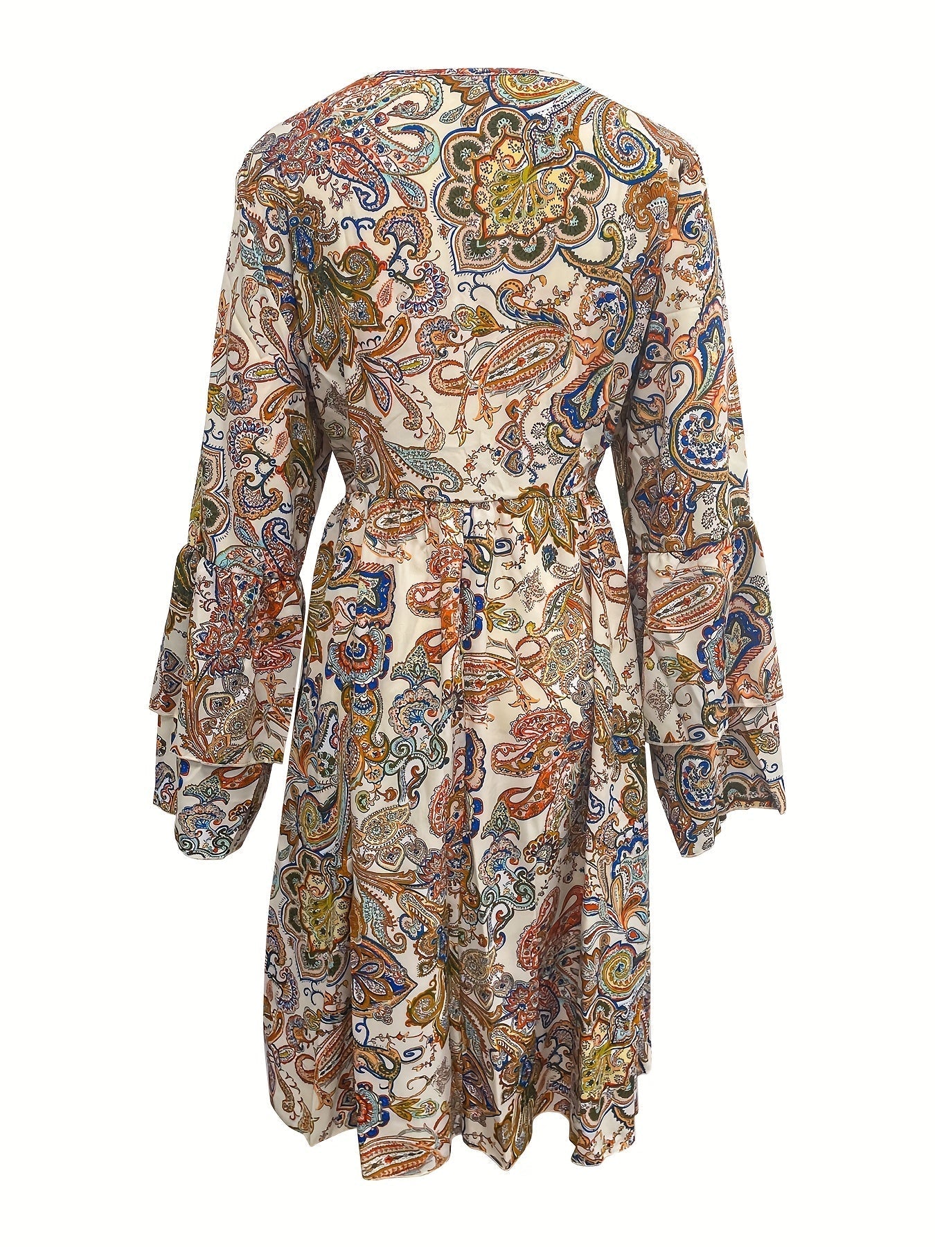 Paisley Kleid Damen – V-Ausschnitt A-Linie Sommerkleid mit Lagenärmeln