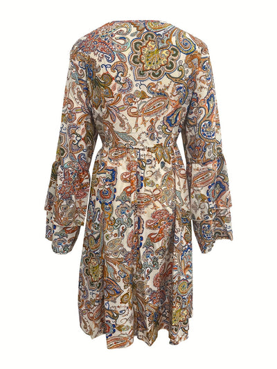Paisley Kleid Damen – V-Ausschnitt A-Linie Sommerkleid mit Lagenärmeln