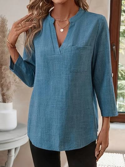 Langarm V-Ausschnitt Hemd, Casual Notch-Kragen Oberteil aus Polyester