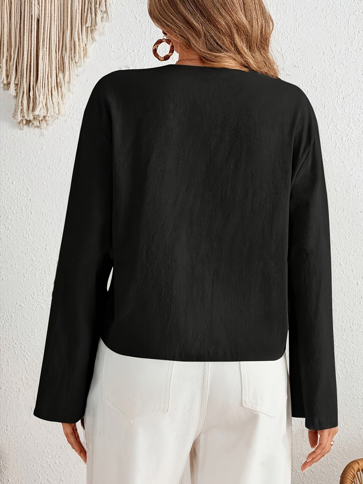 Elegante Leinen Bluse mit Schnürung, Kragenlos, Lange Schmetterlingsärmel