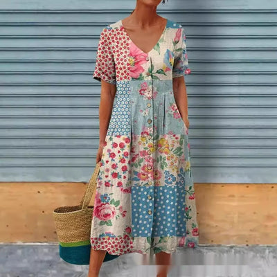 Luna - Midikleid mit Blumenmuster und Knopfverschluss vorne