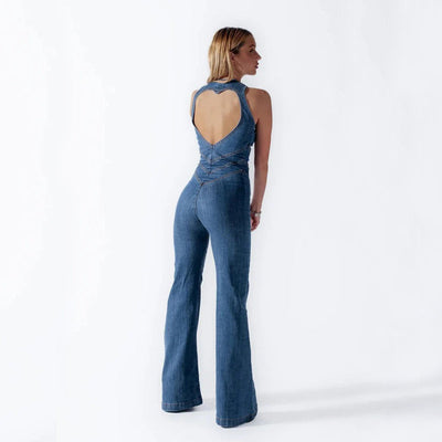 Damen Denim-Jumpsuit mit Herz-Ausschnitt – Figurbetonte Streetwear für den Alltag