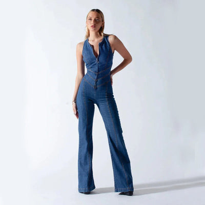 Damen Denim-Jumpsuit mit Herz-Ausschnitt – Figurbetonte Streetwear für den Alltag
