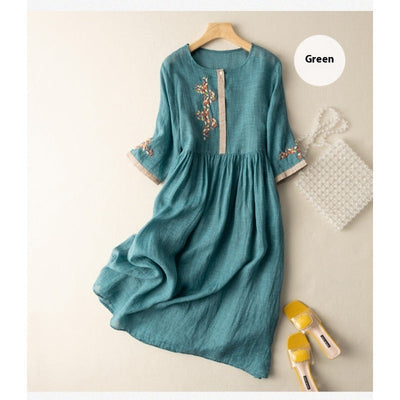 Lisa – Künstlerisches Ethno-Kleid aus Leinen und Baumwolle mit Stickerei