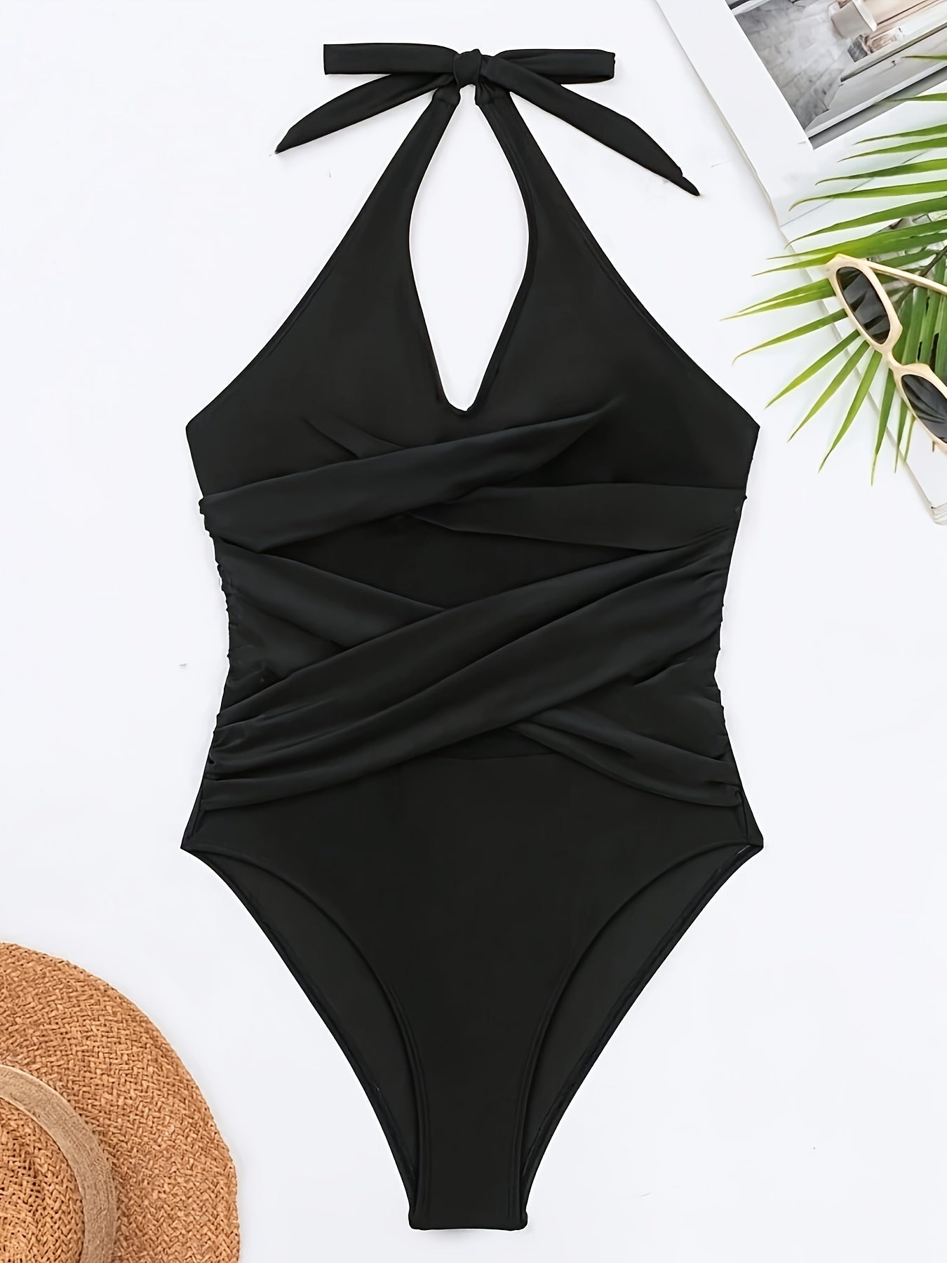 Einteiliger Neckholder Badeanzug – Sommer, Dehnbar, Figurbetont, Kreuzgitter-Detail, Herausnehmbare