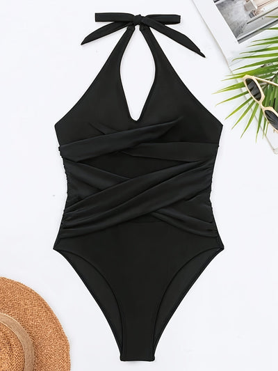 Einteiliger Neckholder Badeanzug – Sommer, Dehnbar, Figurbetont, Kreuzgitter-Detail, Herausnehmbare