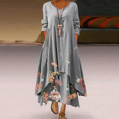 Dorothea - Damen Sommer Doppellagiges Langarm Bedrucktes Kleid