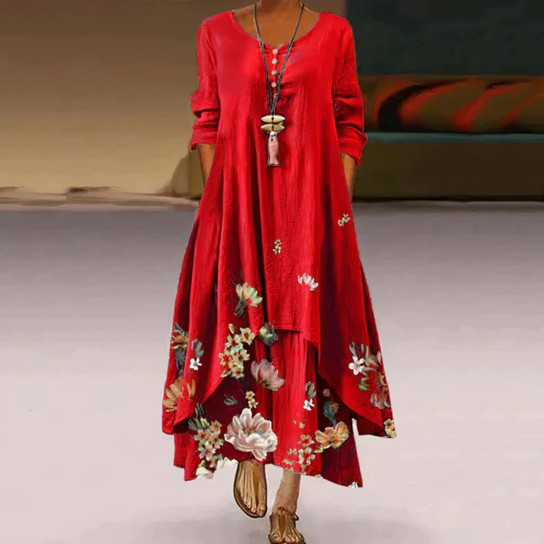 Dorothea - Damen Sommer Doppellagiges Langarm Bedrucktes Kleid