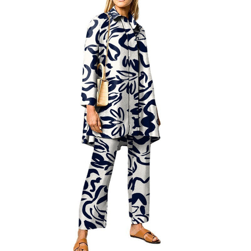 Damen Zweiteiler Set mit grafischem Muster – Eleganter Freizeitanzug für Büro & Alltag
