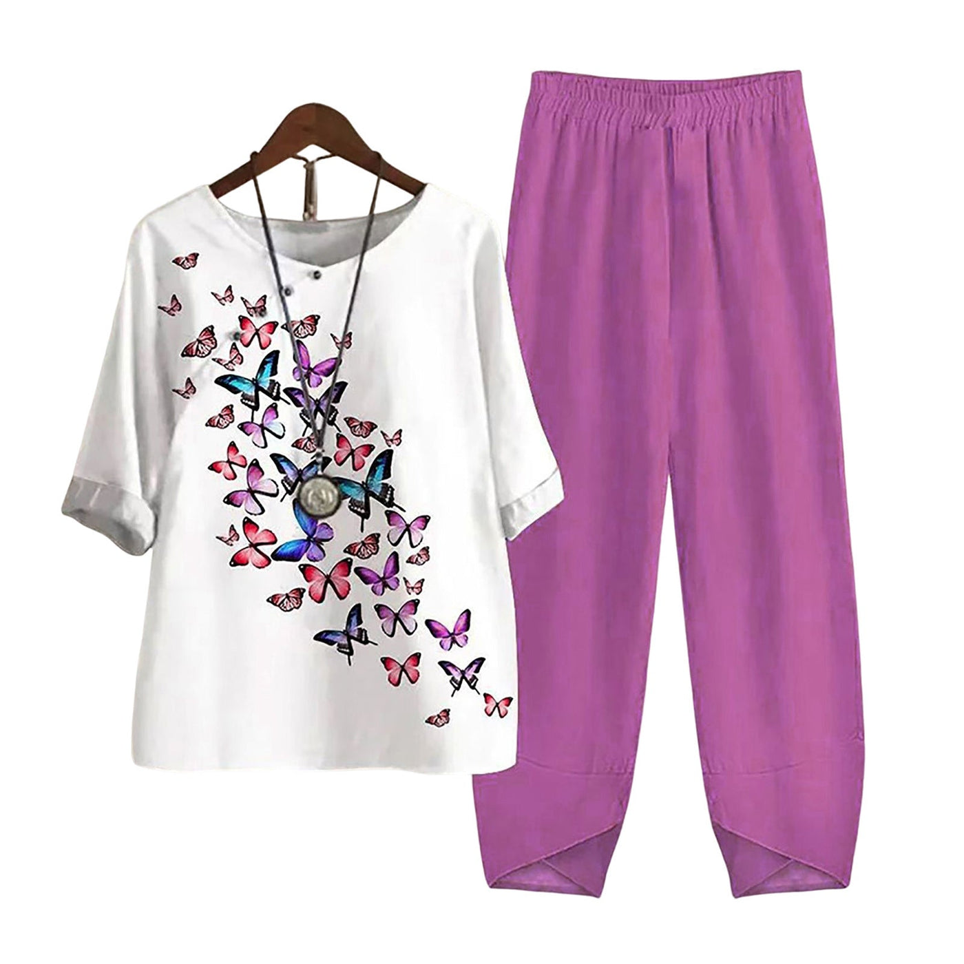 Damen Zweiteiliges Set Casual mit 3D Libellenmuster – Lockeres Halbarm Oberteil und Hose, Alltag & Freizeit, Asiatischer Stil