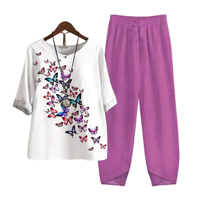 Damen Zweiteiliges Set Casual mit 3D Libellenmuster – Lockeres Halbarm Oberteil und Hose, Alltag & Freizeit, Asiatischer Stil