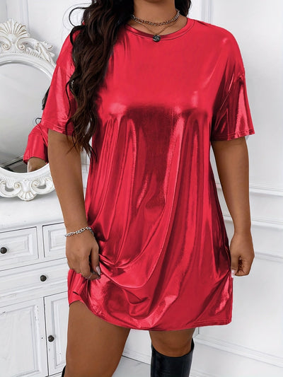 Modisches T-Shirt-Kleid – Einfarbig, Metallic-Look, Drop-Schulter, Lässig und Bequem