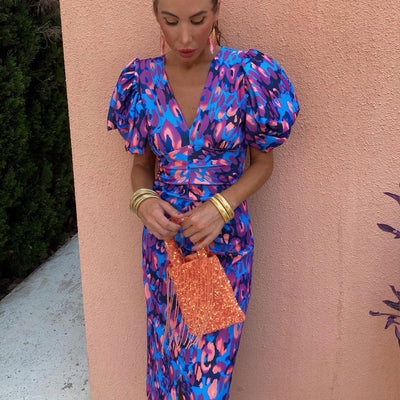 Damen Midikleid mit Puffärmeln und Animal-Print – Elegantes Sommerkleid für besondere Anlässe