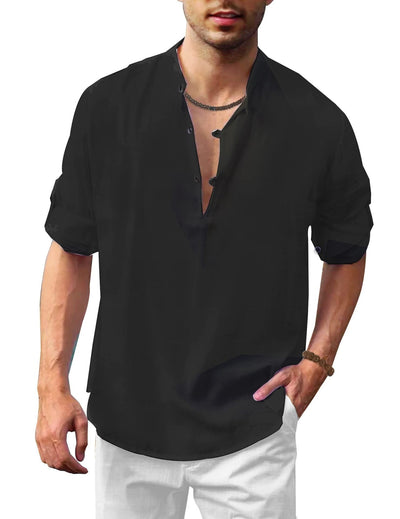 Herren Leinen Freizeithemd mit Stehkragen – Lockeres Langarmshirt für Alltag und Urlaub