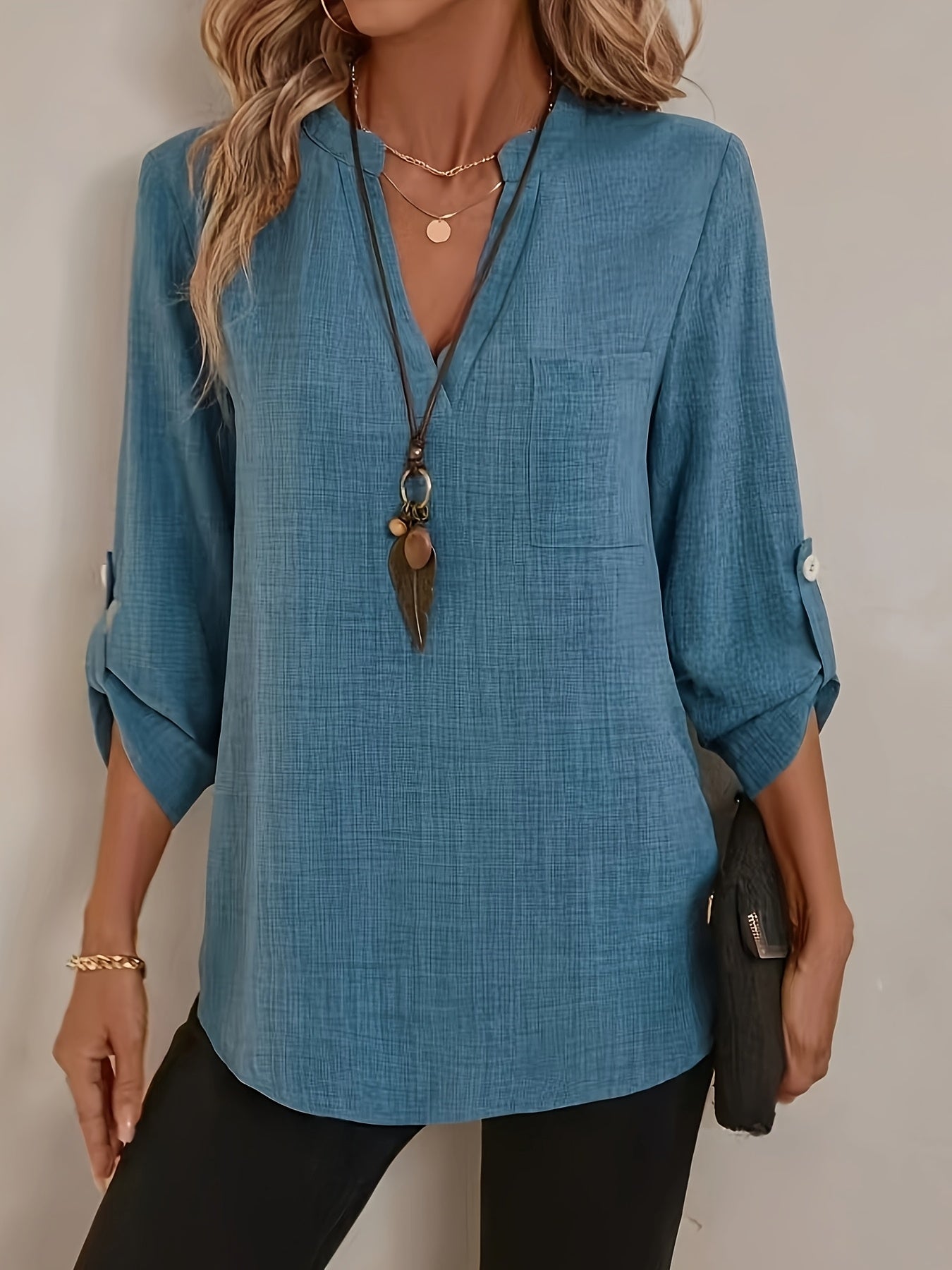 Langarm V-Ausschnitt Hemd, Casual Notch-Kragen Oberteil aus Polyester