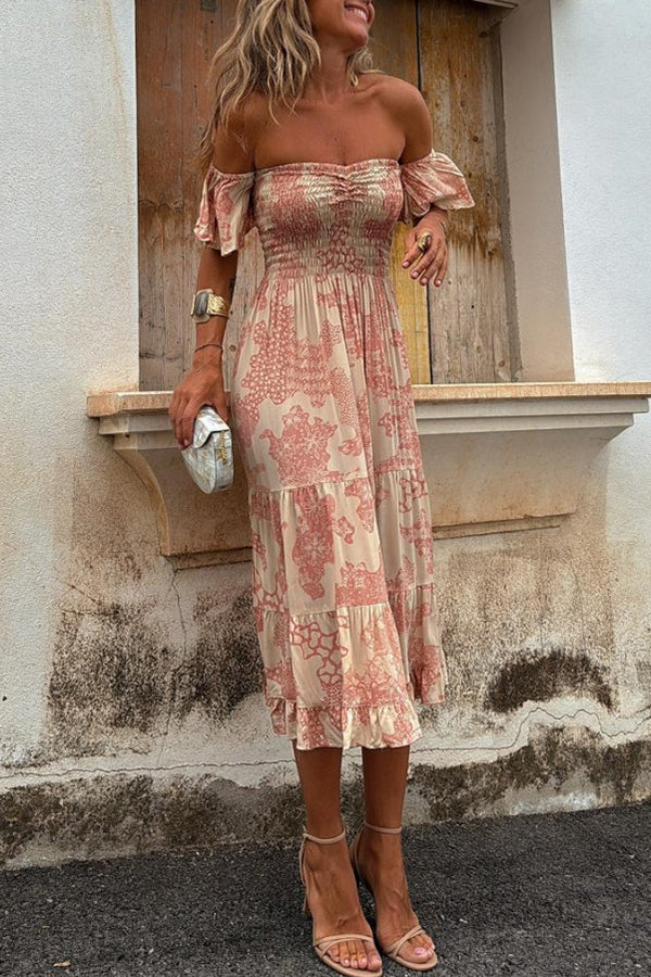 Midikleid mit Schulterausschnitten und romantischem Druck – Pitaya