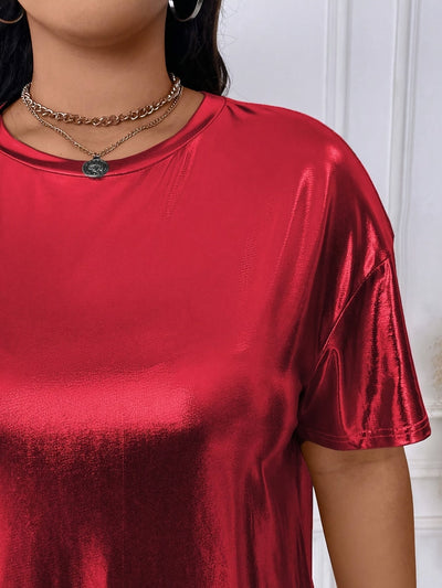 Modisches T-Shirt-Kleid – Einfarbig, Metallic-Look, Drop-Schulter, Lässig und Bequem