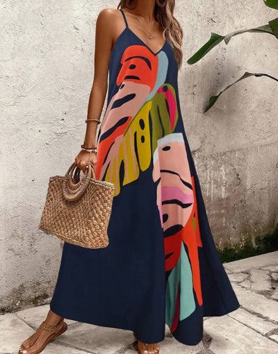 Ruby – Modisches Maxikleid mit buntem Blattmuster