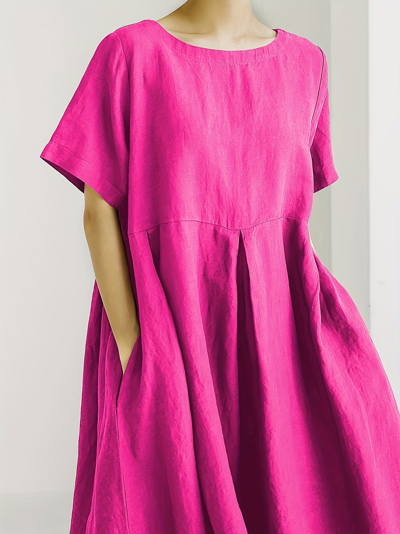 Leinen-Mix Midi-Kleid mit Taschen – Kurzarm Hochtailliert Sommermode