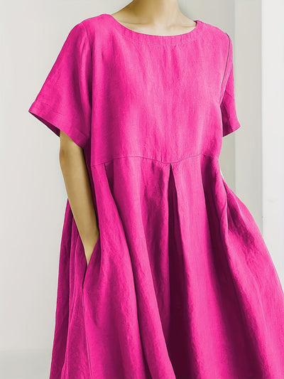 Leinen-Mix Midi-Kleid mit Taschen – Kurzarm Hochtailliert Sommermode