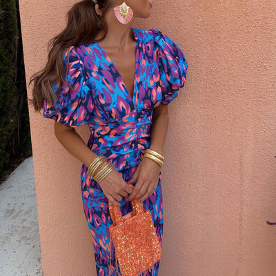 Damen Midikleid mit Puffärmeln und Animal-Print – Elegantes Sommerkleid für besondere Anlässe