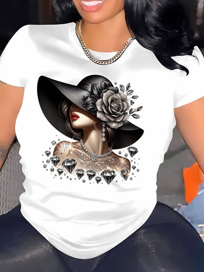 Damen Leinen-T-Shirt – Rundhals Shirt mit Mädchenporträt-Druck, Kurzarm