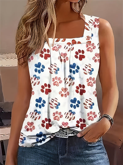 Schickes Tanktop mit Blumen- und Pfötchendruck und plissiertem Rundhalsausschnitt