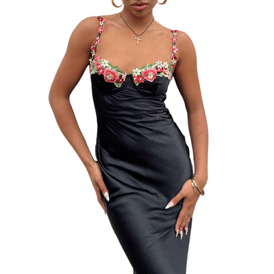 Damen Satin Maxikleid mit Blumenstickerei und Spaghettiträgern – Elegantes Abendkleid für besondere Anlässe