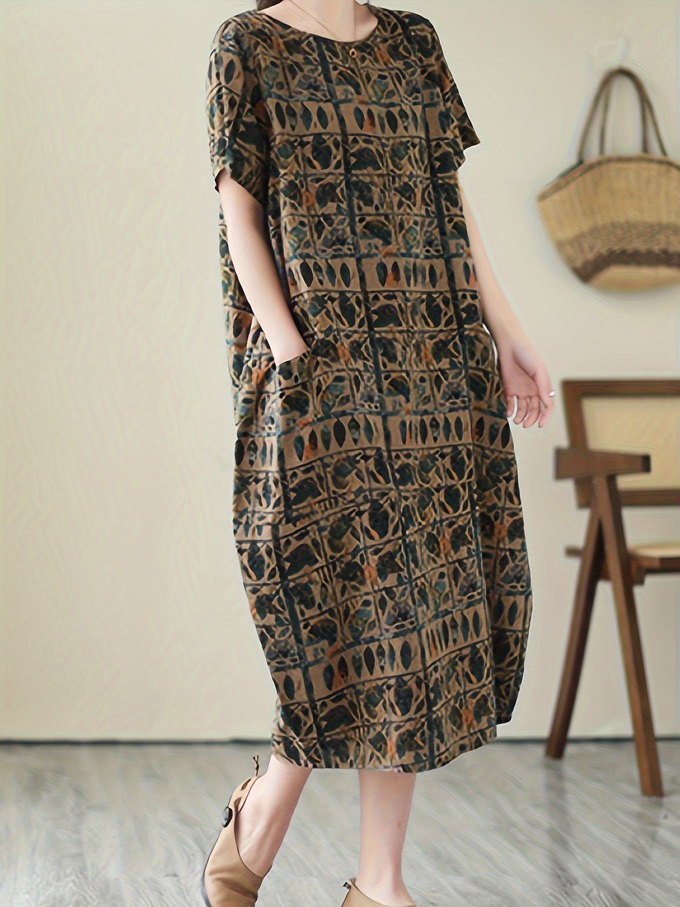 Elegantes Midikleid – Vintage-Grafik, Taschen, Luftig, Kurzarm & Bequem