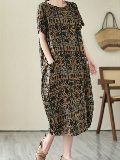Elegantes Midikleid – Vintage-Grafik, Taschen, Luftig, Kurzarm & Bequem