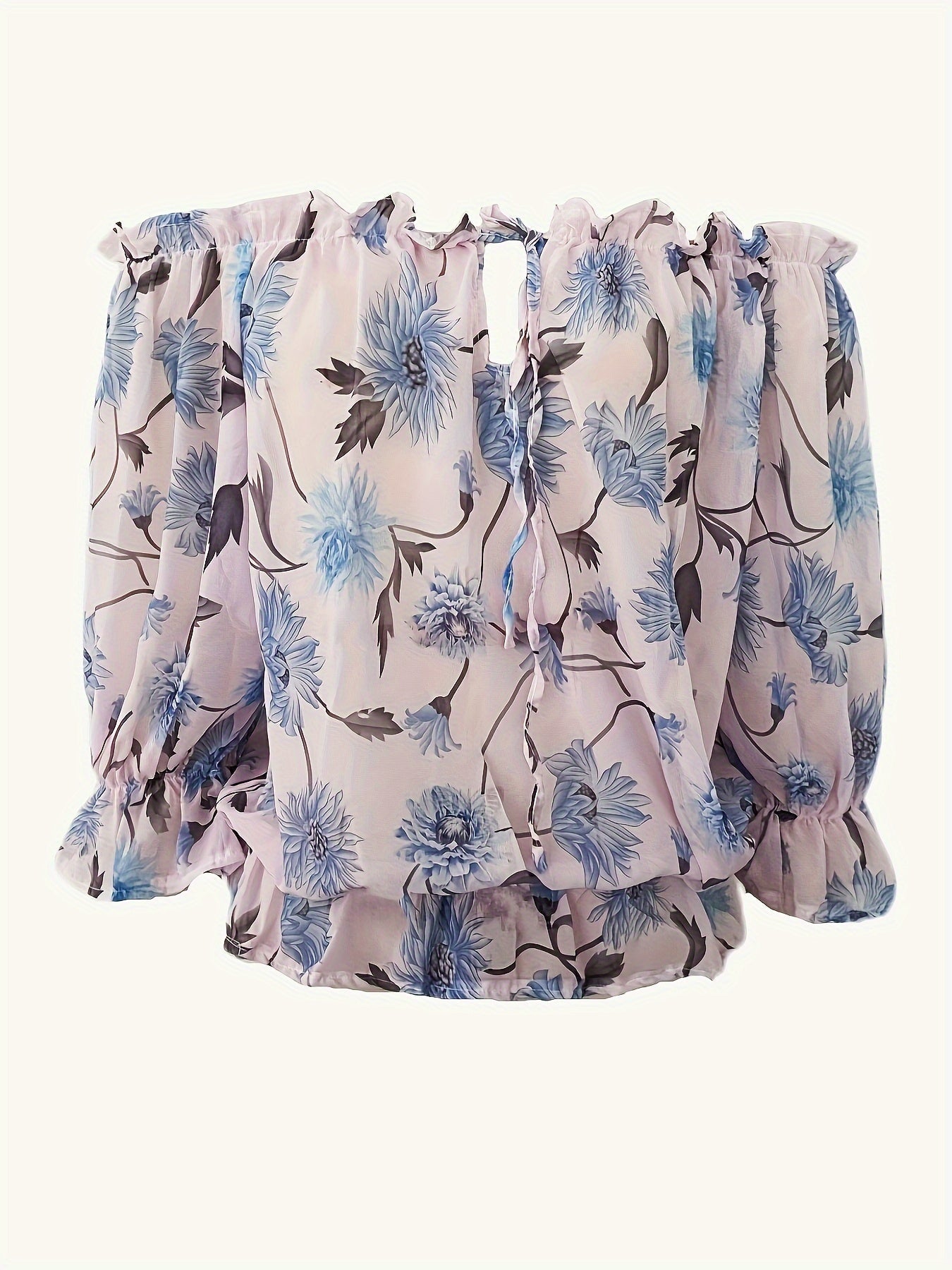 Leichte Schulterfrei Chiffon Bluse – Florales Design Laternenärmel
