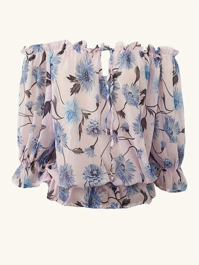 Leichte Schulterfrei Chiffon Bluse – Florales Design Laternenärmel