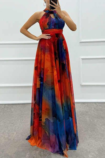 Elaine - Tüll-Maxikleid mit Blumenprint, Cut-Outs und Halterneck