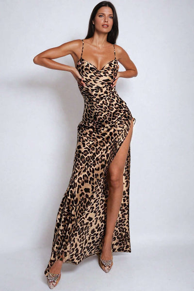Amelie | Verführerisches Leopard-Maxikleid – Sinnlicher Look mit Beinschlitz