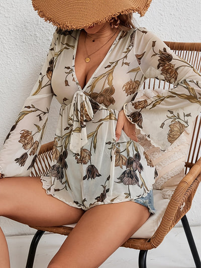 Elegantes Blumen-Mesh-Kleid – V-Ausschnitt, Langarm & Leicht für Frühling & Sommer