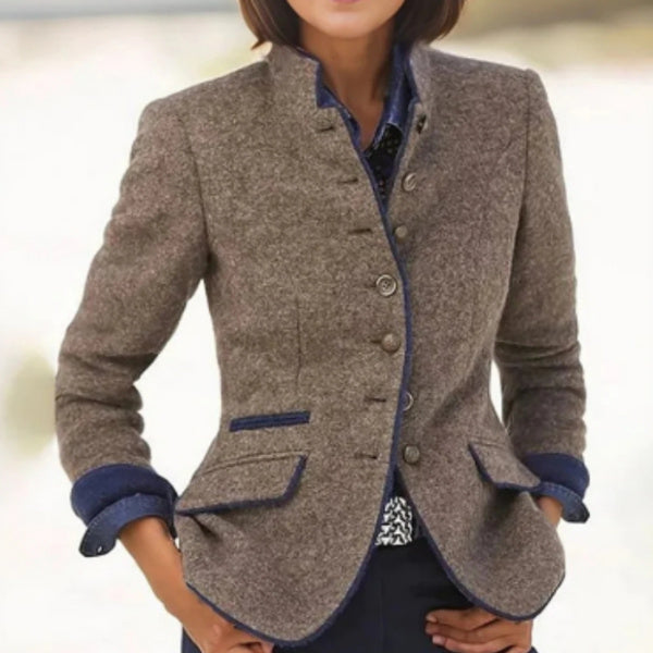 Eleganter Damen Wollmix Blazer mit Stehkragen und Kontrastdetails – Herbststil