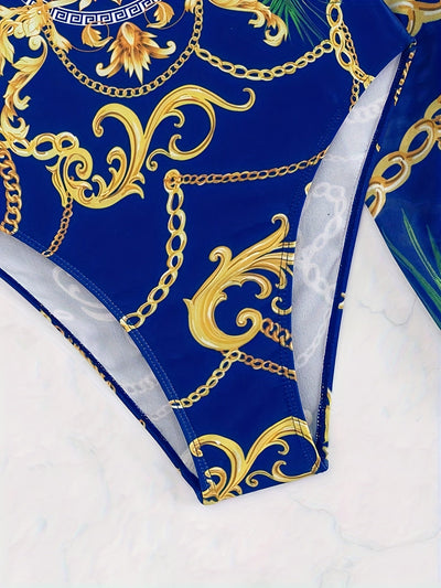 Eleganter 2-teiliger Badeanzug mit Kettenmuster – V-Ausschnitt, Push-Up, Spaghettiträger