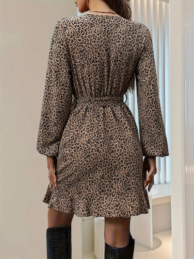 Elegantes Leopardenmuster Kleid – V-Ausschnitt Taillengürtel Langarm