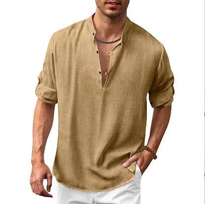 Herren Leinen Freizeithemd mit Stehkragen – Lockeres Langarmshirt für Alltag und Urlaub