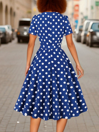 Elegantes Polka-Dot-Sommerkleid – Karree-Ausschnitt, Kurzarm, Figurschmeichelnd