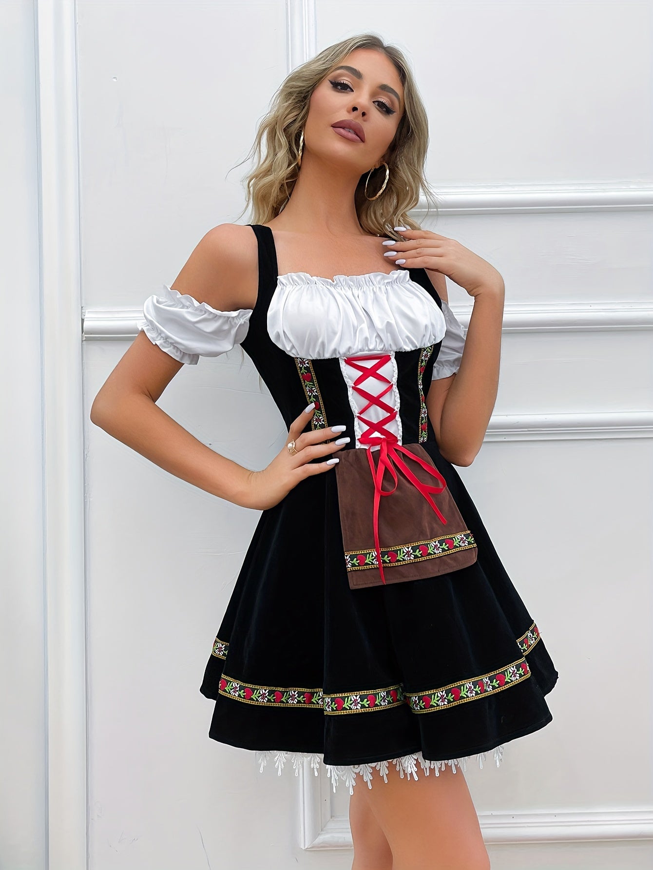 Damen Schwarz Schulterfrei Oktoberfest Dirndl Kleid